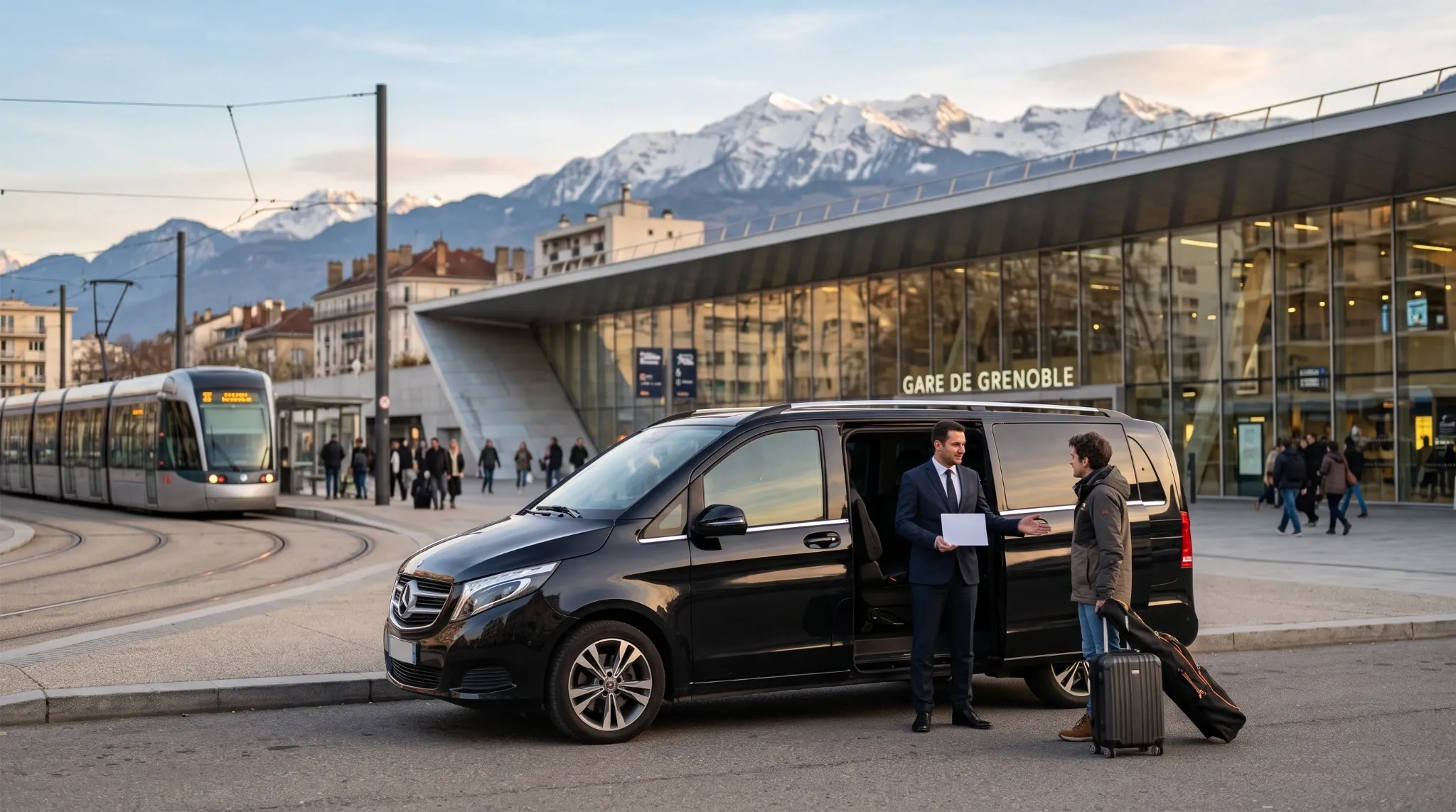 Van VTC groupe Mercedes noir neige Grenoble
